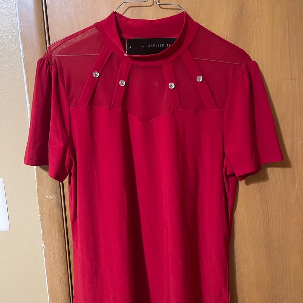 Atelier Red Women's Blouse with Sheer Accents